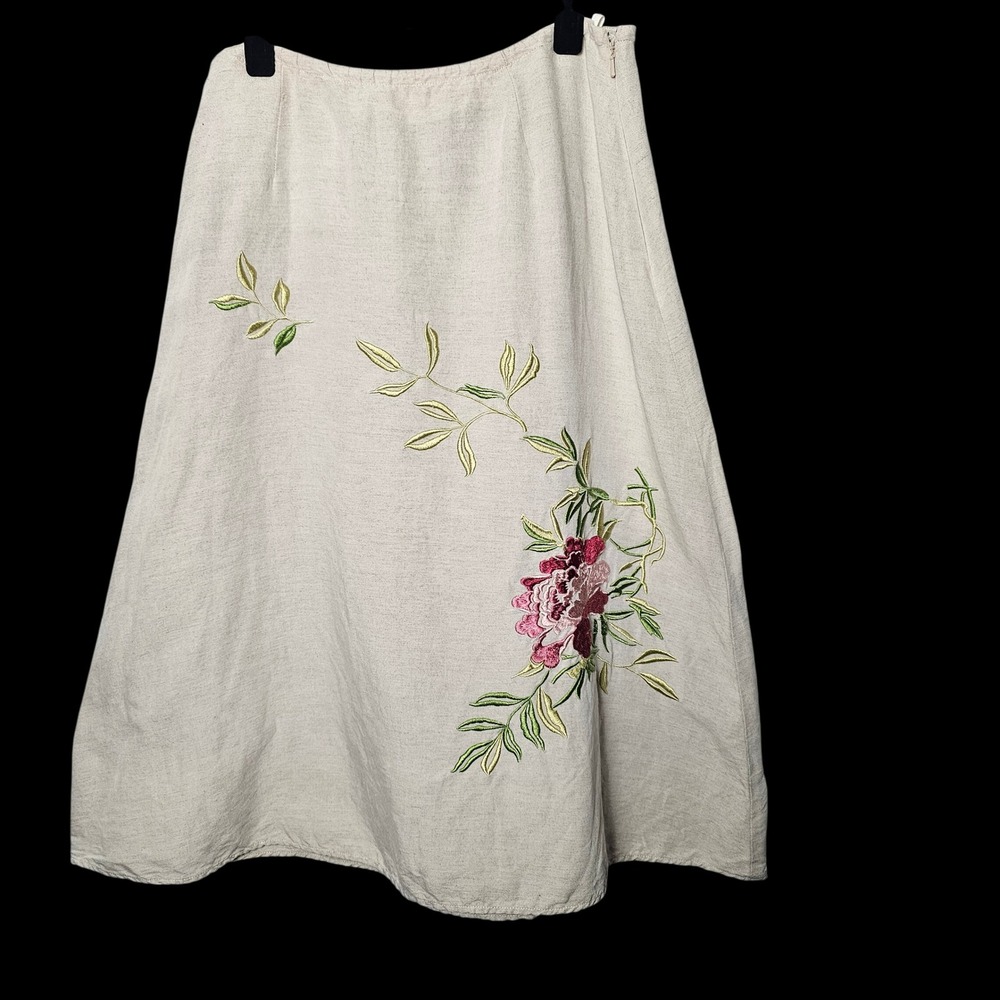 Van Heusen Womens Linen Blend Embroidered Floral Midi Skirt S Beige Cottagecore